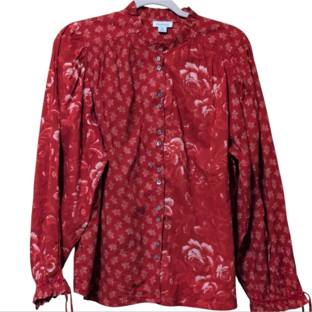 Sundance Janica Red Floral Button-Up Blouse cotton size Medium ruffles boho fit
